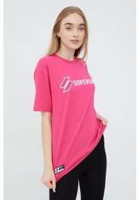 Superdry t-shirt bawełniany kolor fioletowy. Kolor: fioletowy. Materiał: bawełna. Wzór: aplikacja