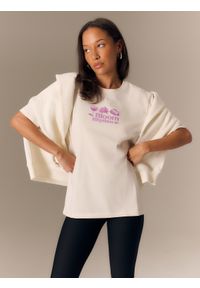 4f - 4F T-shirt loose z nadrukiem damski - biały L. Okazja: na co dzień. Kolor: beżowy. Materiał: materiał. Wzór: nadruk. Styl: elegancki, casual #1
