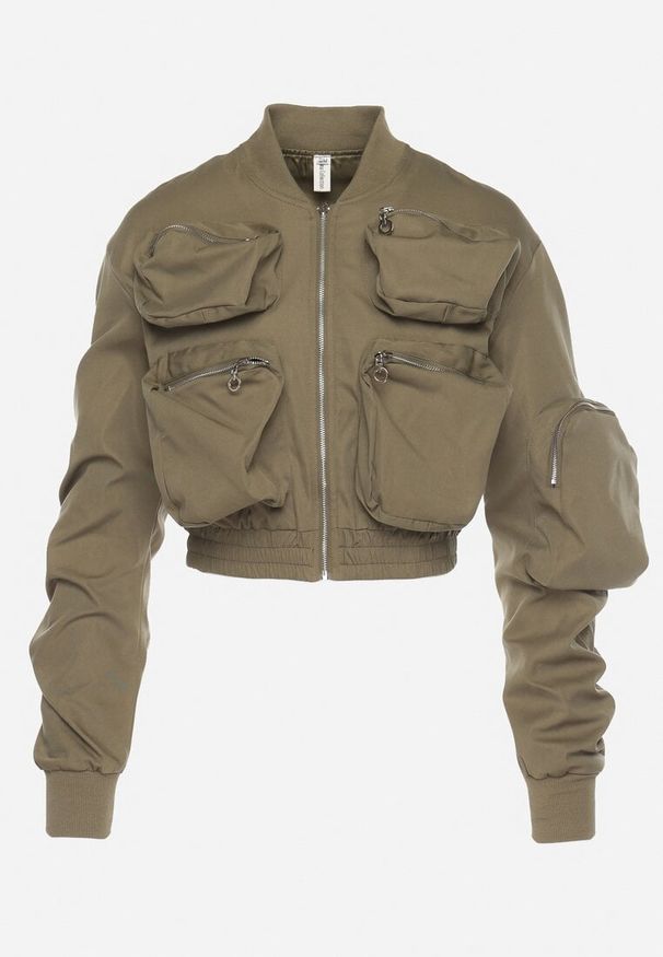 Born2be - Ciemnozielona Kurtka Bomberka z Szerokimi Kieszeniami z Przodu i na Rękawie Asmarie. Okazja: na co dzień. Kolor: zielony. Materiał: jeans. Styl: casual