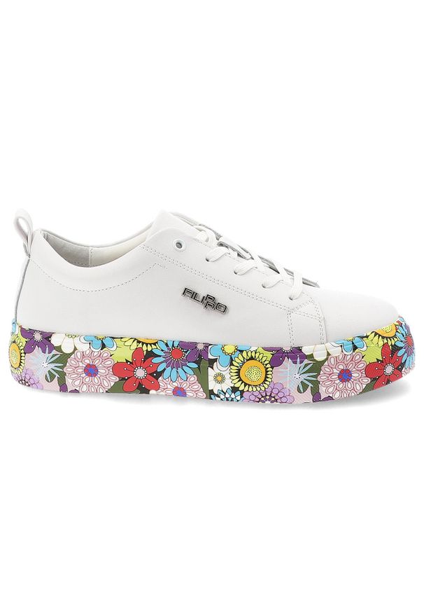Sneakersy damskie Filippo, cholewka ze skóry naturalnej klasyczna niska forma z wiązaniem masywna platforma z dekoracyjnym wzorem wygodny miejski fas. Okazja: na co dzień. Zapięcie: sznurówki. Kolor: biały. Materiał: skóra. Szerokość cholewki: normalna. Wzór: kolorowy, kwiaty. Obcas: na platformie. Sport: turystyka piesza