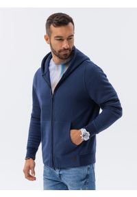 Ombre Clothing - Bluza męska rozpinana hoodie z nadrukami - granatowa V3 B1423 - XL. Kolor: niebieski. Materiał: poliester, elastan, bawełna. Wzór: nadruk #5