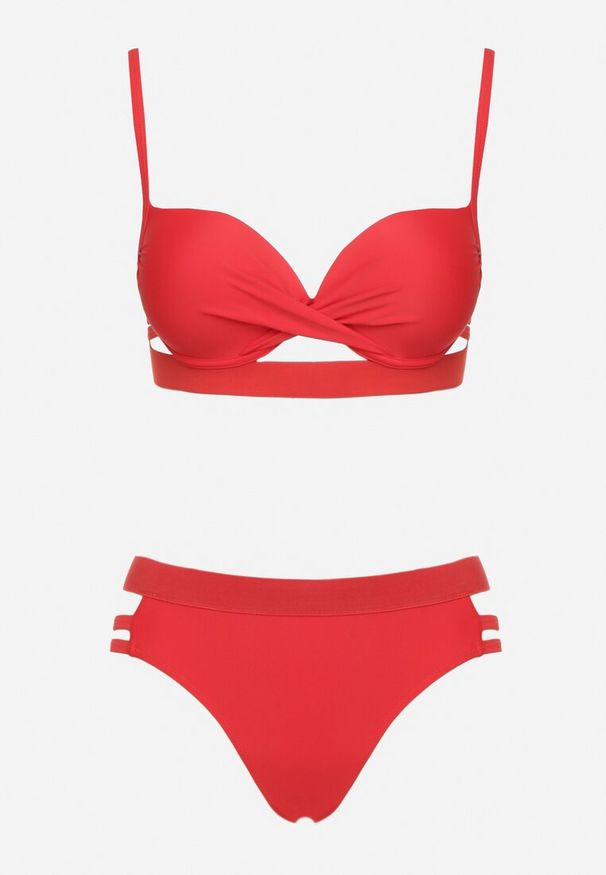 Born2be - Czerwone Bikini Biustonosz z Wiązaniem i Majtki Figi Zdobione Wycięciami Kinelena. Kolor: czerwony. Materiał: len. Wzór: aplikacja