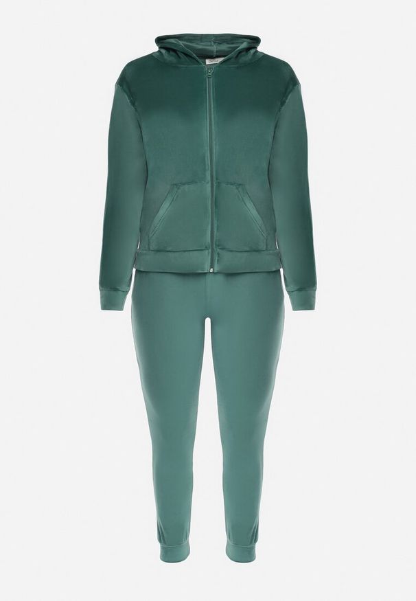 Born2be - Ciemnozielony 2-Częściowy Welurowy Komplet Dresowy ze Spodniami i Bluzą z Kapturem Bondia. Kolekcja: plus size. Kolor: zielony. Materiał: dresówka, welur