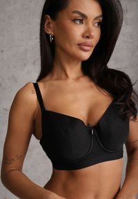 Renee - Czarny Biustonosz z Metaliczną Aplikacją i Perforacją Dredefia. Kolor: czarny. Materiał: jeans. Wzór: aplikacja #3