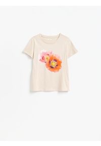 Reserved - Bawełniany t-shirt z nadrukiem - beżowy. Kolor: beżowy. Materiał: bawełna. Wzór: nadruk #1