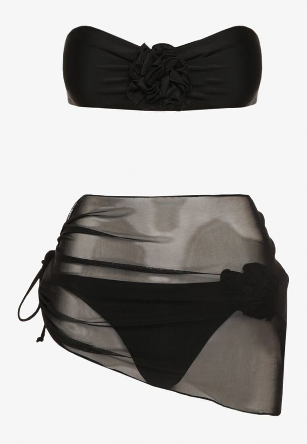 Renee - Czarne 3-Częściowe Bikini Stanik i Majtki z Aplikacjami Kwiatów Pareo z Siateczki Irisel. Kolor: czarny. Wzór: kwiaty, aplikacja