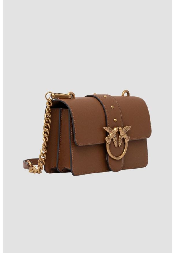 Pinko - PINKO Brązowa skórzana damska torebka kopertówka Love One Mini. Kolor: brązowy. Materiał: skórzane. Styl: elegancki, klasyczny