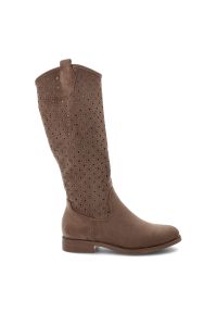 Brązowe Kozaki S.Barski Modne Obuwie Damskie. Okazja: do pracy, na spacer, na co dzień. Kolor: beżowy. Szerokość cholewki: normalna. Wzór: ażurowy. Materiał: materiał. Sezon: zima, jesień. Obcas: na obcasie. Styl: klasyczny, casual, elegancki. Wysokość obcasa: niski #7