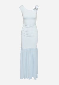 Born2be - Niebieska Koktajlowa Sukienka z Wiskozą Ozdobiona Marszczeniem Galapina. Okazja: na imprezę. Kolor: niebieski. Materiał: wiskoza. Wzór: aplikacja. Styl: wizytowy #5