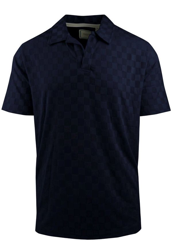 Męska Koszulka Polo z Dekoltem Bez Guzików - Brave Soul - Granatowa. Okazja: na co dzień. Typ kołnierza: polo. Kolor: niebieski. Materiał: elastan, poliester. Styl: casual