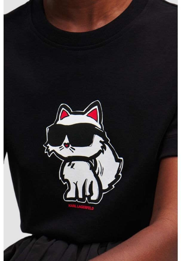 Karl Lagerfeld - KARL LAGERFELD Czarny damski t-shirt Ikon Sketch Choupette. Okazja: na co dzień. Kolor: czarny. Materiał: materiał. Wzór: nadruk. Styl: casual
