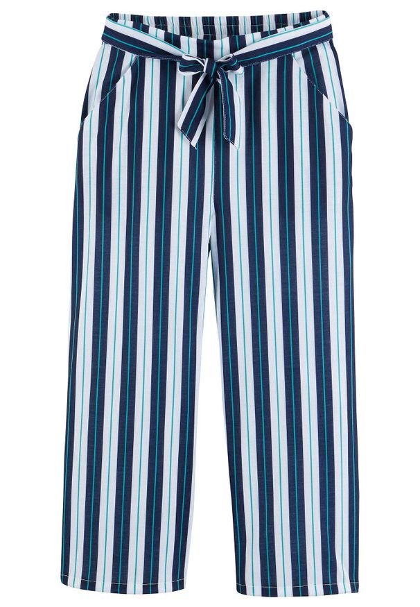 bonprix - Spodnie palazzo z elastycznym paskiem. Kolor: niebieski. Wzór: aplikacja, paski