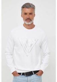 Guess bluza męska kolor biały z nadrukiem. Kolor: biały. Materiał: bawełna, prążkowany. Wzór: nadruk
