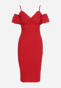 Born2be - Czerwona Sukienka Dopasowana z Kopertową Górą i Ozdobną Falbanką Yaleria. Okazja: na ślub cywilny, na wesele. Kolor: czerwony. Materiał: materiał. Długość rękawa: krótki rękaw. Typ sukienki: kopertowe #6