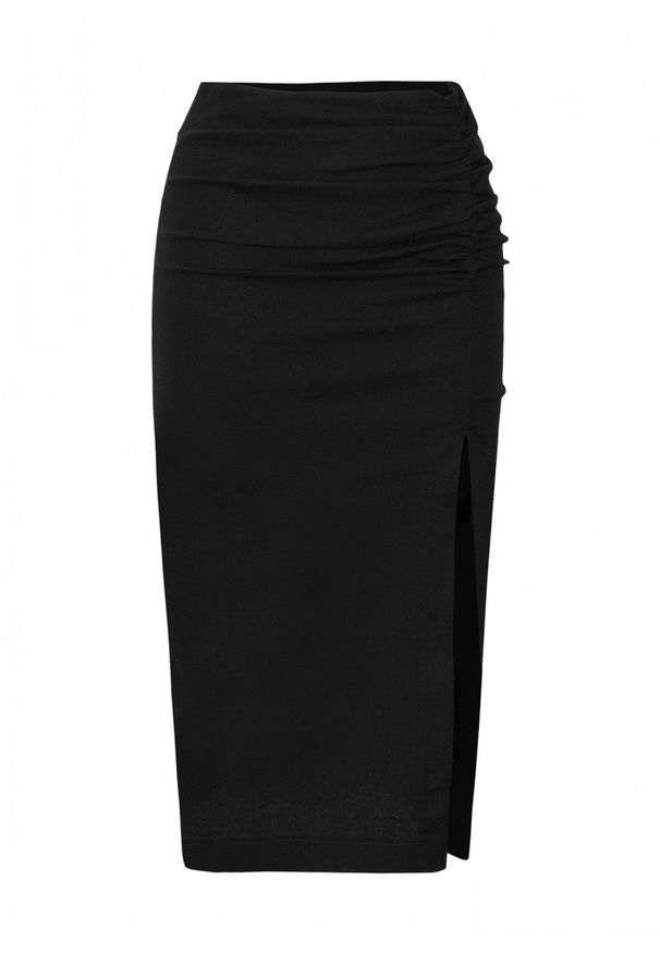 Marsala - Lniana spódnica midi w kolorze czarnym z rozcięciem - FARO. Kolor: czarny. Materiał: len. Styl: wizytowy