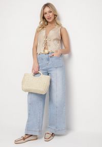 Born2be - Beżowa Kamizelka w Stylu Boho z Haftem i Wiązaniem z Koralikami Olreis. Okazja: na co dzień. Kolor: beżowy. Materiał: koronka, jeans. Wzór: haft. Sezon: lato, wiosna. Styl: boho