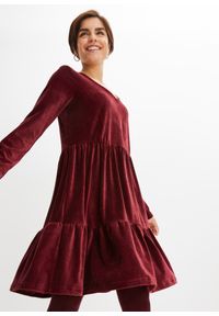 bonprix - Sukienka sztruksowa z długim rękawem. Kolor: czerwony. Materiał: sztruks. Długość rękawa: długi rękaw #1