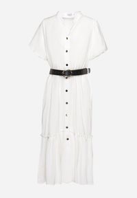 Born2be - Biała Koszulowa Sukienka z Krótkim Rękawem Zapinana na Guziki z Paskiem z Ekoskóry Xantantia. Typ kołnierza: dekolt w kształcie V. Kolor: biały. Długość rękawa: krótki rękaw. Wzór: aplikacja. Typ sukienki: koszulowe #3