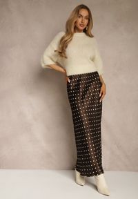 Renee - Brązowa Satynowa Spódnica z Wiskozy w Groszki o Rozkloszowanym Kroju Fediska. Kolor: brązowy. Materiał: satyna, wiskoza. Wzór: grochy. Styl: elegancki #4