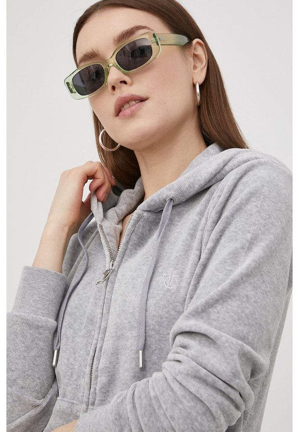 Juicy Couture bluza damska kolor szary z kapturem melanżowa. Okazja: na co dzień. Typ kołnierza: kaptur. Kolor: szary. Materiał: dzianina. Wzór: melanż. Styl: casual
