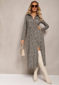 Renee - Beżowa Koszulowa Sukienka Midi z Wiązanym Paskiem Xudilla. Kolor: beżowy. Materiał: materiał. Typ sukienki: koszulowe. Długość: midi #1