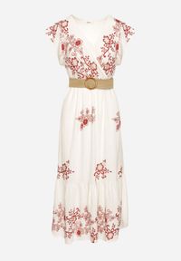 Born2be - Biało-Czerwona Wiskozowa Sukienka z Kopertowym Dekoltem i Paskiem Nilazea. Okazja: na co dzień. Kolor: biały. Materiał: wiskoza. Typ sukienki: kopertowe. Styl: boho, casual, elegancki #3