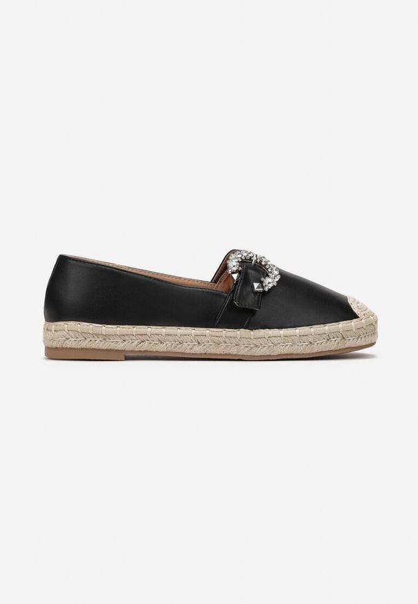 Renee - Czarne Espadryle Auxamene. Nosek buta: okrągły. Kolor: czarny. Wzór: aplikacja, kwiaty. Obcas: na płaskiej podeszwie