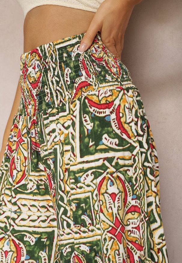Renee - Zielono-Różowe Spodnie Kuloty z Bawełny High Waist z Gumką w Pasie Palovia. Stan: podwyższony. Kolor: zielony. Materiał: bawełna. Sezon: lato