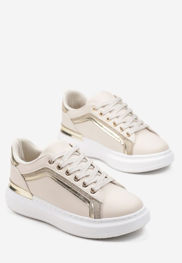 Renee - Beżowe Sneakersy na Grubej Podeszwie z Brokatem Veneli. Kolor: beżowy