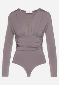 Born2be - Szare Body z Głębokim Dekoltem i Marszczeniem w Talii Ilabra. Okazja: na co dzień. Kolor: szary. Materiał: jeans, tkanina, wiskoza. Styl: elegancki, casual #5