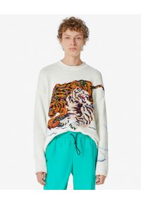 Kenzo - KENZO - Beżowy sweter z tygrysem. Kolor: beżowy. Materiał: materiał. Wzór: haft, kolorowy