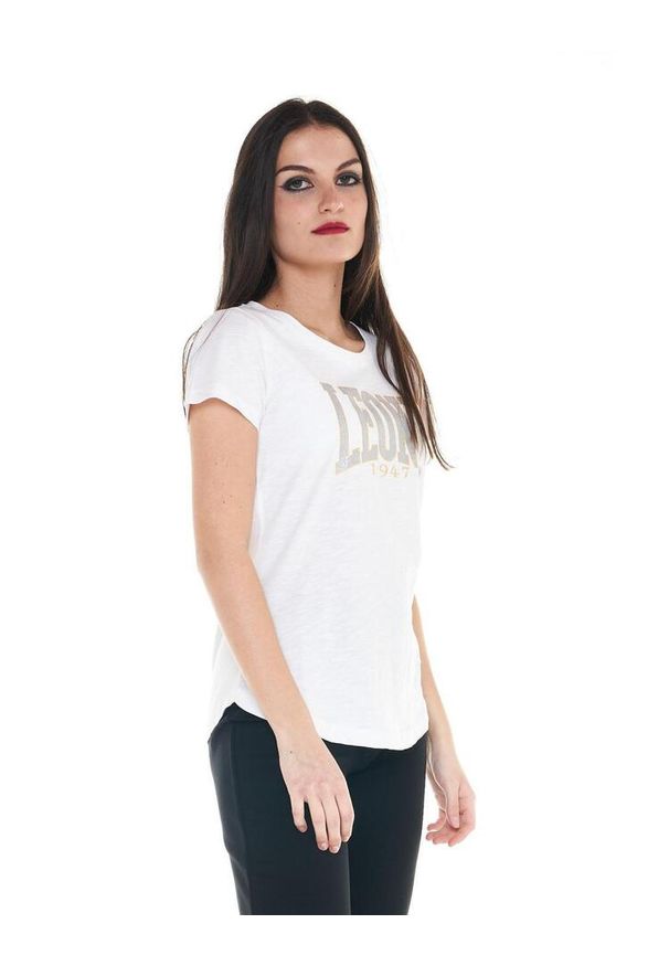 LEONE 1947 APPAREL - Damska koszulka z logo w kolorze złoto-srebrnym. Kolor: biały. Materiał: tkanina. Sport: fitness