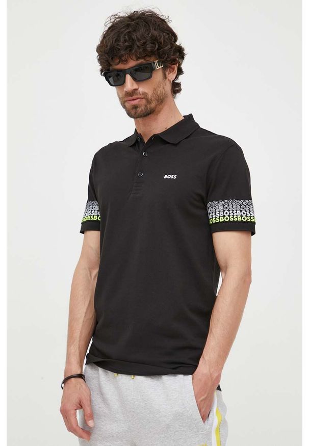 Boss Green - BOSS polo bawełniane BOSS GREEN kolor czarny z nadrukiem. Typ kołnierza: polo. Kolor: czarny. Materiał: bawełna. Wzór: nadruk