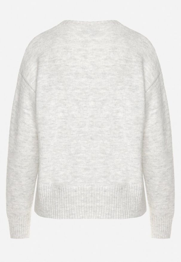 Born2be - Jasnoszary Sweter o Klasycznym Fasonie z Wełną Avartissa. Kolor: szary. Materiał: wełna. Wzór: geometria, aplikacja. Styl: klasyczny