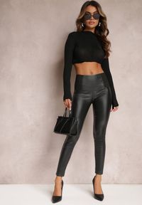 Renee - Szare Legginsy High Waist z Ekoskóry z Brokatowymi Wstawkami Vemens. Stan: podwyższony. Kolor: szary. Sezon: jesień, zima #1