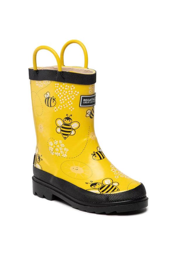 Regatta - Kalosze turystyczne dziecięce Minnow. Kolor: żółty. Materiał: guma. Wzór: kolorowy. Sezon: zima. Sport: turystyka piesza