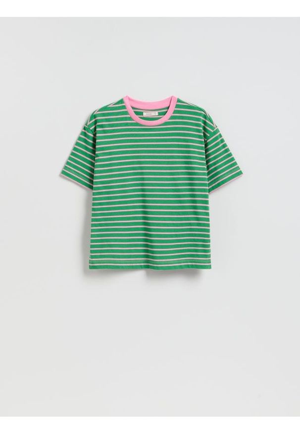 Reserved - Bawełniany t-shirt w paski - zielony. Kolor: zielony. Materiał: bawełna. Wzór: paski