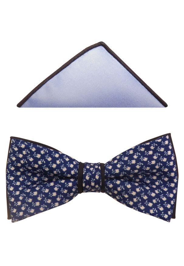 Modini - Niebiesko-granatowa mucha w białe kwiatki A159. Kolor: biały, wielokolorowy, niebieski. Materiał: poliester, tkanina. Wzór: kwiaty. Styl: elegancki