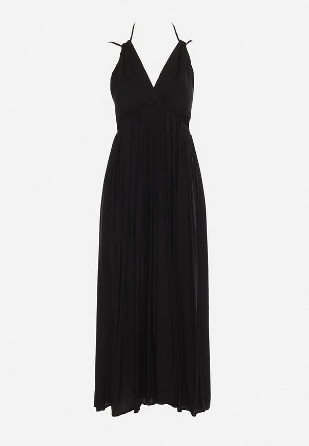 Born2be - Czarna Sukienka Wiskozowa Rozkloszowana z Wiązaniem na Szyi Frines. Okazja: na imprezę. Kolor: czarny. Materiał: wiskoza. Wzór: aplikacja. Sezon: lato. Typ sukienki: rozkloszowane. Styl: elegancki