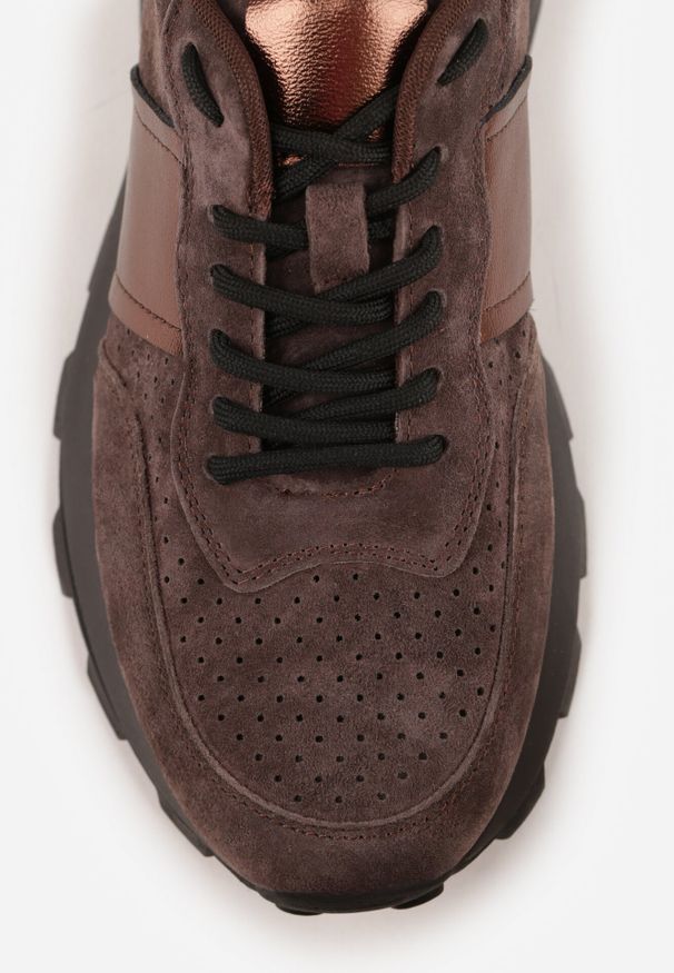 Born2be - Brązowe Sneakersy z Zamszu Naturalnego z Perforacją na Grubej Podeszwie Cezarisse. Kolor: brązowy. Materiał: zamsz