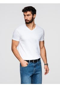 Ombre Clothing - Klasyczna męska bawełniana koszulka z dekoltem w serek BASIC – biała V4 - Rozmiar: XXL. Typ kołnierza: dekolt w serek. Kolor: biały. Materiał: bawełna. Styl: klasyczny