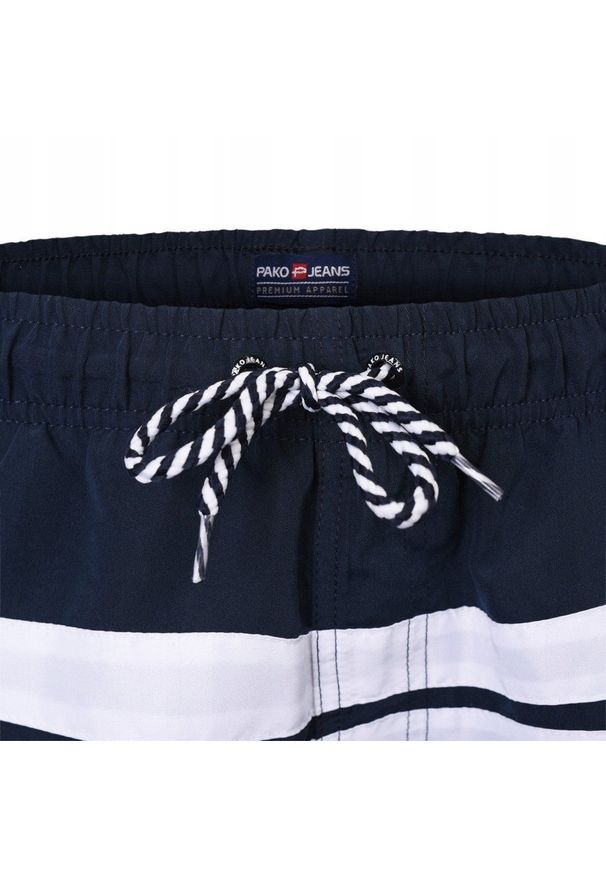 Spodenki Plażowe (Kąpielówki) - Pako Jeans - Granat, Biały Pas. Kolor: niebieski. Materiał: poliester