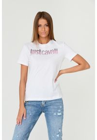 Just Cavalli - JUST CAVALLI Biały t-shirt R LOGO CRYSTAL. Kolor: biały. Materiał: bawełna