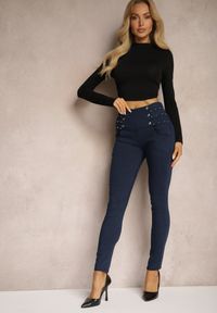 Renee - Granatowe Spodnie Skinny High Waist z Gumką w Talii Nitami i Ozdobnymi Guzikami Ciandora. Okazja: na co dzień. Stan: podwyższony. Kolor: niebieski. Styl: casual, elegancki #1