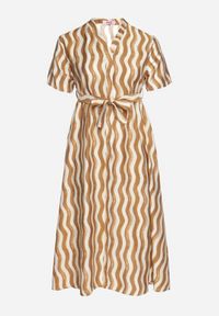 Born2be - Brązowa Pudełkowa Sukienka z Wiskozy w Geometryczny Wzór z Paskiem Luniretia. Okazja: na co dzień. Kolor: brązowy. Materiał: wiskoza. Wzór: geometria. Sezon: wiosna, lato. Styl: klasyczny, casual, elegancki #6