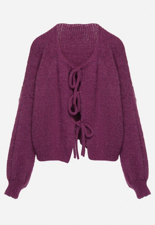 Born2be - Fioletowy Kardigan Oversize z Wełną Zdobiony Kokardkami Eleathalie. Okazja: na co dzień. Typ kołnierza: kokarda. Kolor: fioletowy. Materiał: wełna. Wzór: aplikacja. Styl: casual, elegancki