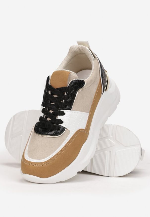Born2be - Brązowe Sneakersy na Platformie z Metaliczną Wstawką na Pięcie Jomir. Kolor: brązowy. Materiał: skóra. Szerokość cholewki: normalna. Wzór: aplikacja. Obcas: na platformie