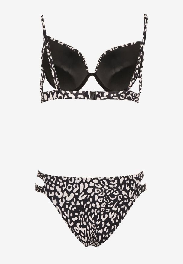 Born2be - Czarne Bikini w Panterkę Biustonosz i Majtki Figi z Wycięciami Savettea. Kolor: czarny. Wzór: motyw zwierzęcy