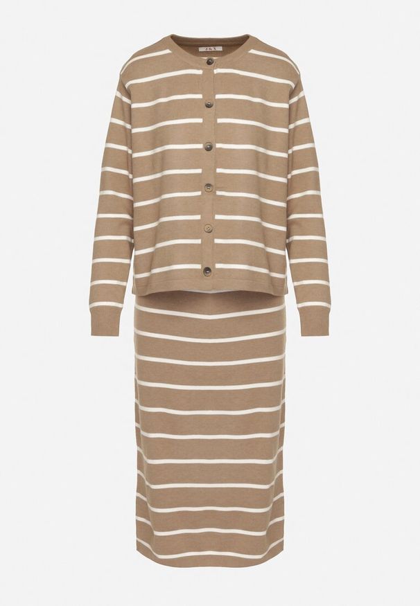 Born2be - Beżowy Komplet z Wiskozą Bluzka z Guzikami i Spódnica w Paski Asirrise. Kolor: beżowy. Materiał: wiskoza. Wzór: paski