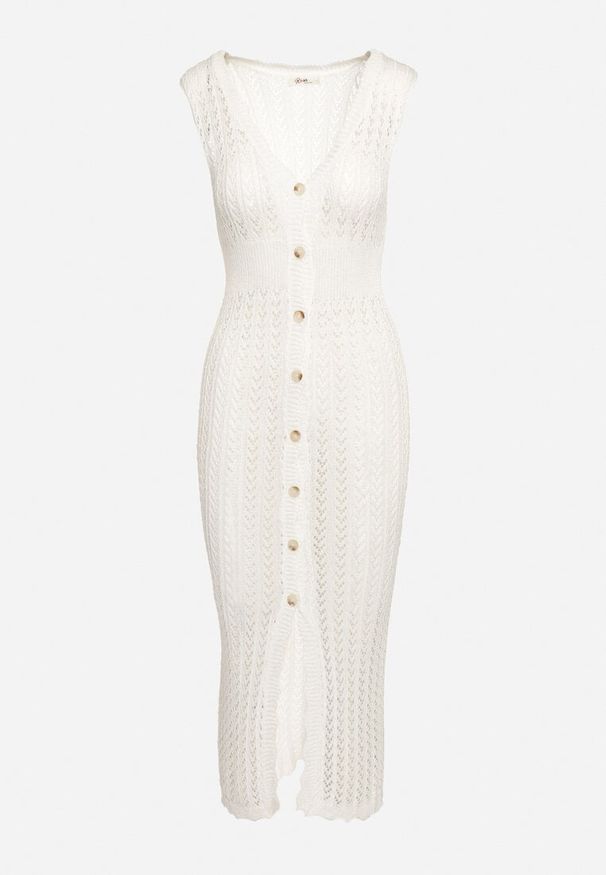 Born2be - Biała Plażowa Sukienka Bodycon z Ażurowej Tkaniny Zapinana na Guziki Kyren. Okazja: na plażę. Typ kołnierza: dekolt w kształcie V. Kolor: biały. Materiał: tkanina. Długość rękawa: bez rękawów. Wzór: ażurowy. Sezon: lato. Typ sukienki: bodycon